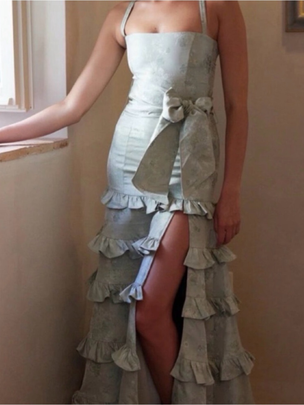 V. Chapman Piana Ruffle Dress with Bow in Sage Windsor Brocade